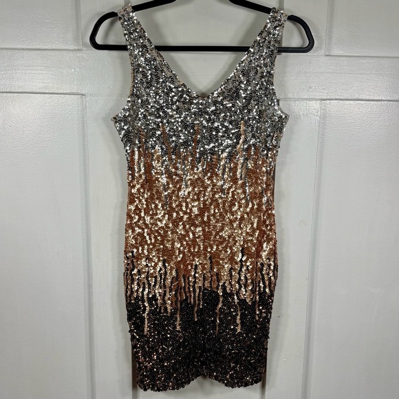 PrettyGuide Womens S Sparkly Sequin V Neck Sheath Mini Dress Copper Black Silver - Picture 4 of 10